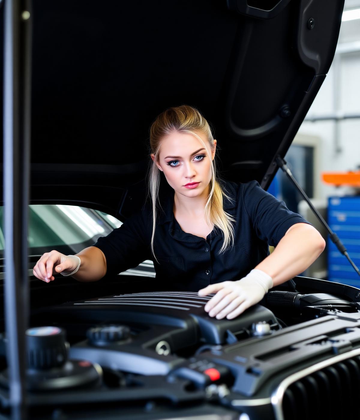 Lisa Yasmin bei der Arbeit am BMW Motor